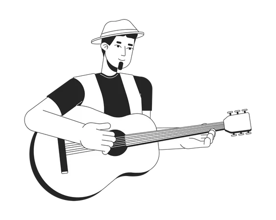 Musician Playing Acoustic Guitar Black And White 2 D Line Cartoon Character Caucasian Guy Holding Instrument Isolated Vector Outline Person Guitarist Performance Monochromatic Flat Spot Illustration Illustration