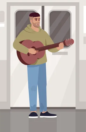 Musician playing guitar in train Illustration