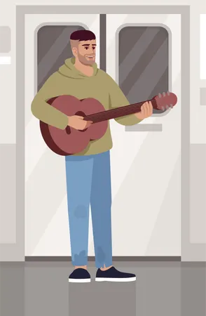 Musician playing guitar in train  Illustration