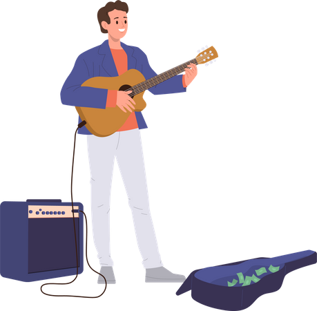 Musician street artist playing guitar and singing song  Illustration