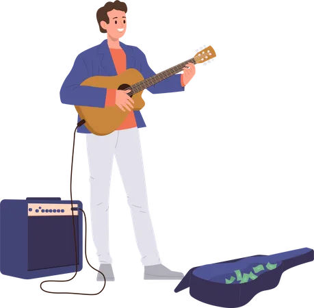 Musician street artist playing guitar and singing song  Illustration