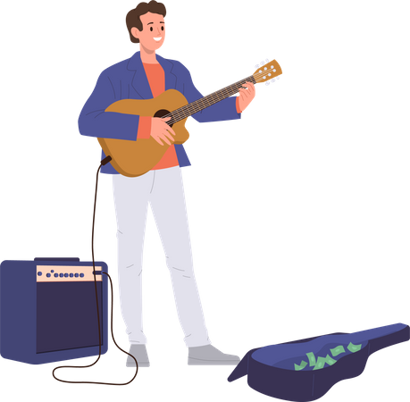 Musician street artist playing guitar and singing song  イラスト