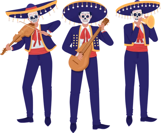 Musicians musicians in mexican costumes  Illustration
