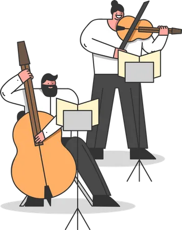 Musicians Play Contrabass And Violin  Illustration