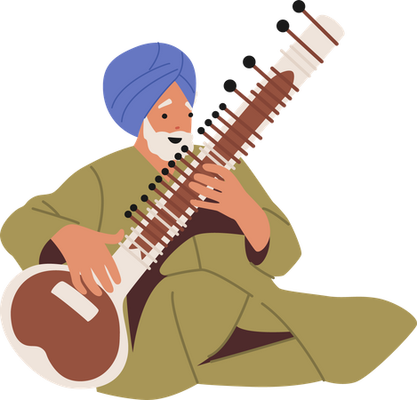 Músico artista indio tocando el sitar  Ilustración