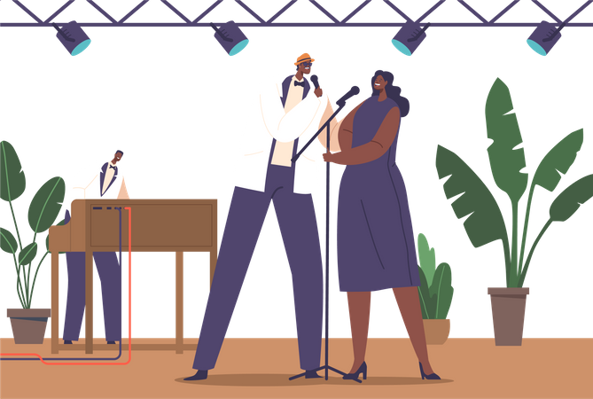 Músico e cantor tocando música soul jazz no palco  Ilustração