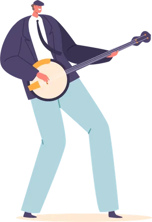 Músico experto personaje masculino tocando apasionadamente el banjo  Ilustración