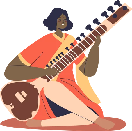 Mujer músico folclórica india vestida con ropa nacional tocando el sitar  Ilustración