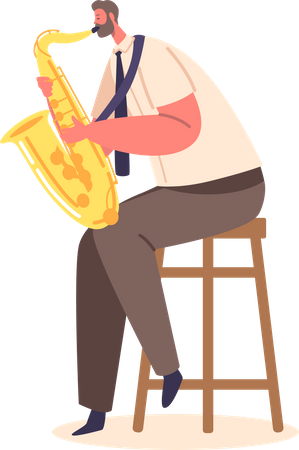 Músico Masculino Tocando Saxofone Sentado na Cadeira  Ilustração