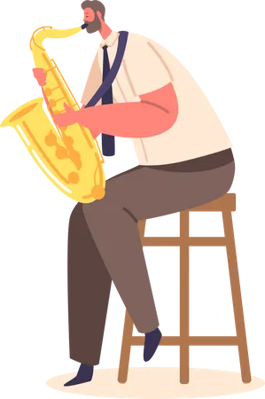 Músico Masculino Tocando Saxofone Sentado na Cadeira  Ilustração