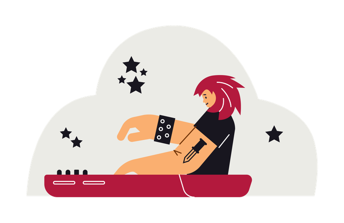 Músico de banda de rock con cabello rojo tocando el piano  Ilustración