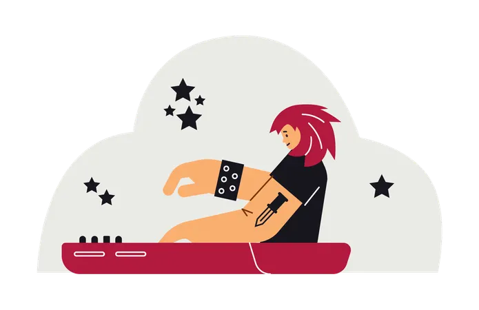 Músico de banda de rock con cabello rojo tocando el piano  Ilustración