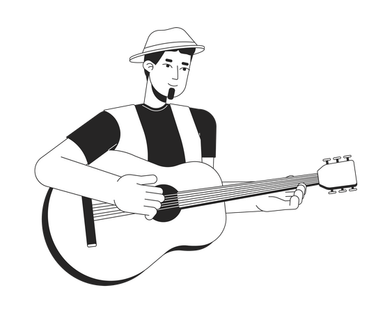 Músico tocando la guitarra acústica.  Ilustración