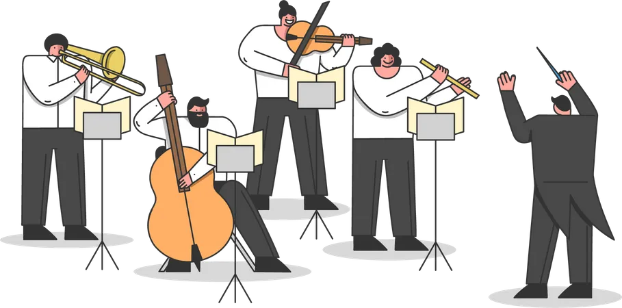 Músicos da Orquestra Sinfônica tocando instrumentos musicais  Ilustração