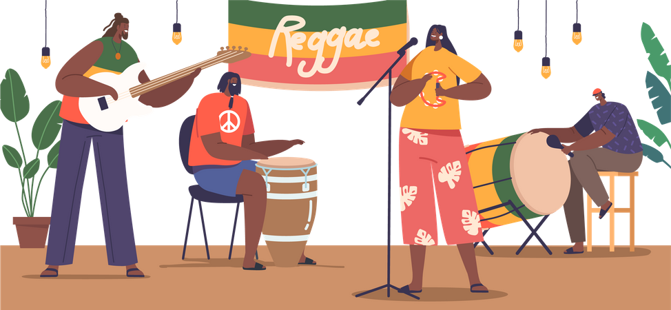 Músicos de reggae no palco exalam energia vibrante  Ilustração