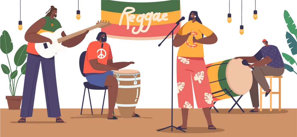 Músicos de reggae no palco exalam energia vibrante  Ilustração