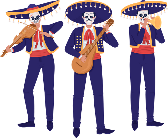 Músicos músicos em trajes mexicanos  Ilustração