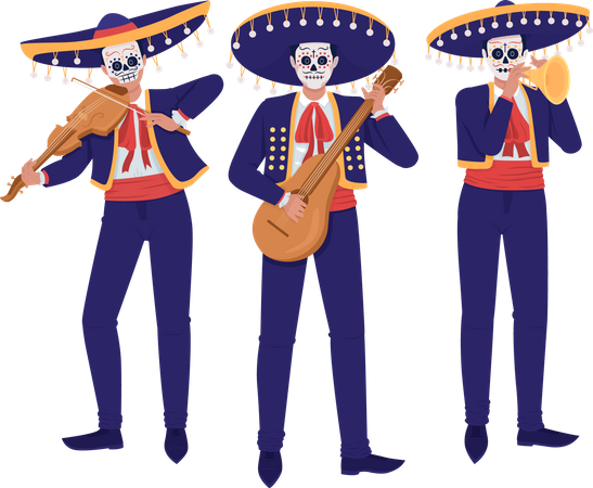 Músicos músicos con trajes mexicanos.  Ilustración