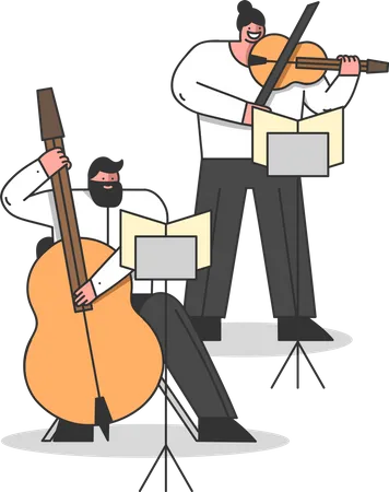 Músicos tocam contrabaixo e violino  Ilustração