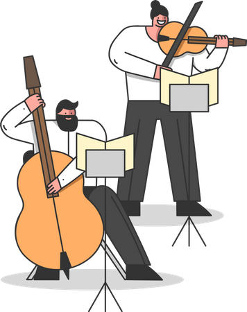 Músicos tocan el contrabajo y el violín  Ilustración