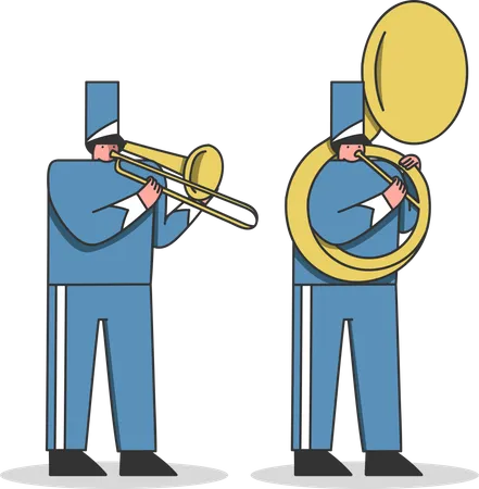Músicos tocando trombón y trompeta.  Ilustración