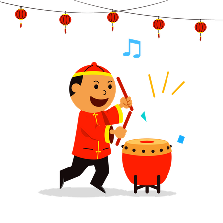 Músicos chinos tradicionales tocando el tambor  Ilustración