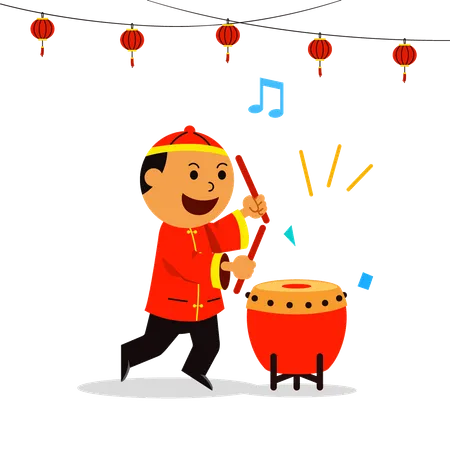 Musicos Chinos Tradicionales Tocando Instrumentos Para La Ilustracion Plana De La Danza Del Dragon Adecuado Para El Tema Del Ano Nuevo Chino Ilustración