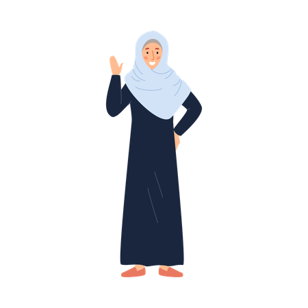 Muslim Arab woman wearing hijab and abaya stand front view and wave hand at you  Illustration