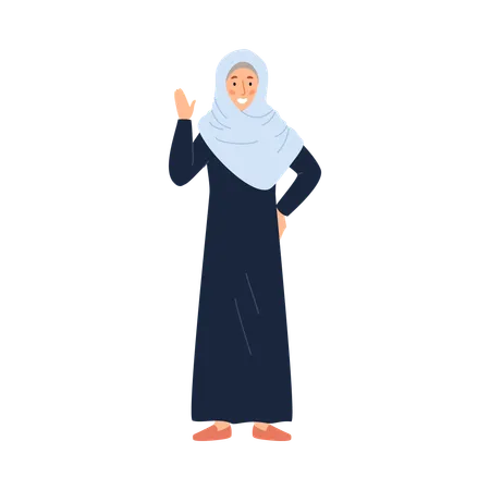 Muslim Arab woman wearing hijab and abaya stand front view and wave hand at you  Illustration