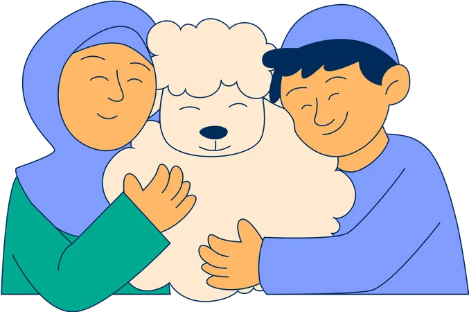 Muslim Boy and Girl Hugging Sheeps  Illustration