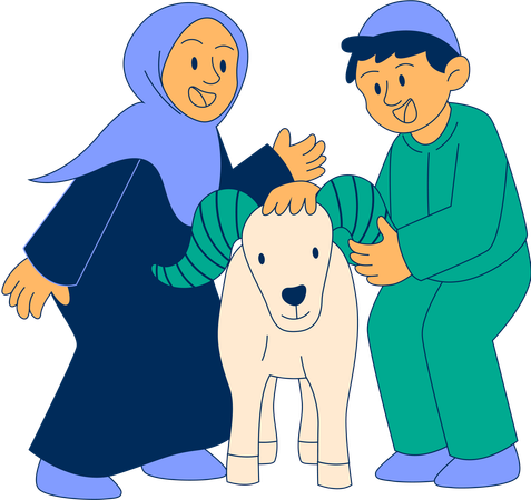Muslim Boy and girl walking with goat  Illustration