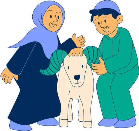 Muslim Boy and girl walking with goat  Illustration
