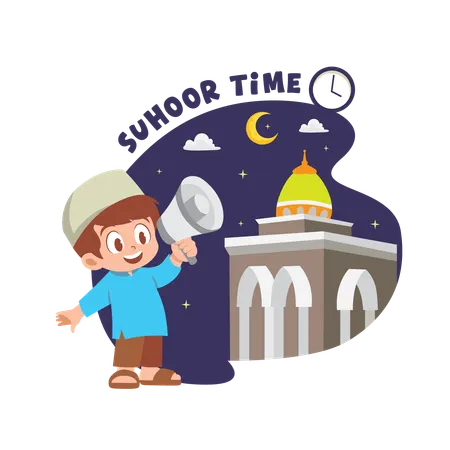 Muslim boy announcing suhoor time  Illustration
