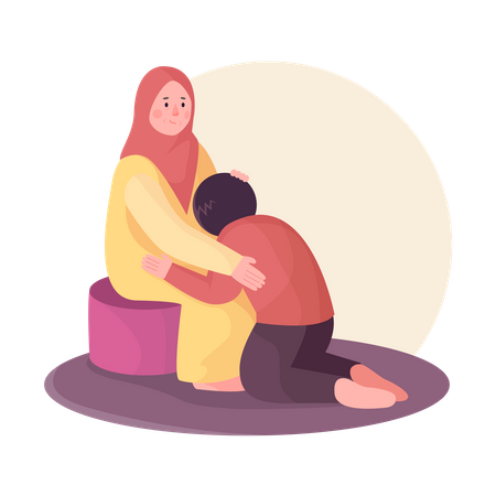 Muslim boy asking forgiveness from his mother Illustration