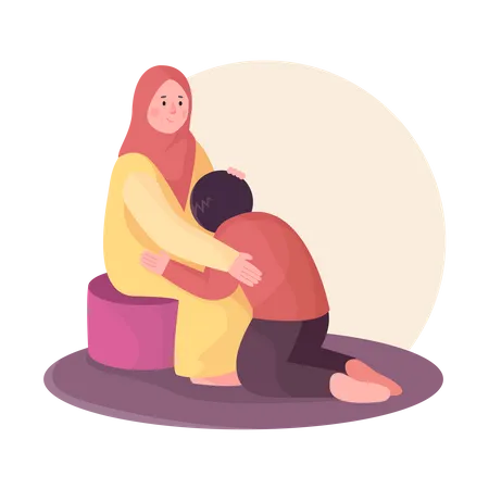 Muslim boy asking forgiveness from his mother  Illustration