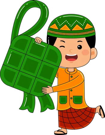 Muslim boy bring ketupat  Illustration