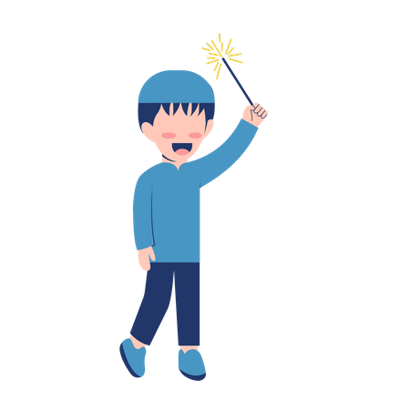 Muslim Boy Bursting Fireworks  Illustration