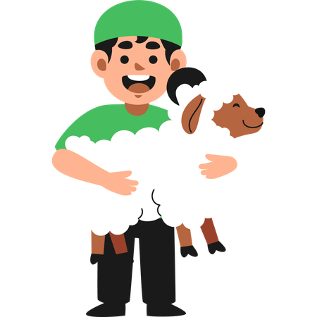 Muslim Boy Carrying Sheep  Illustration