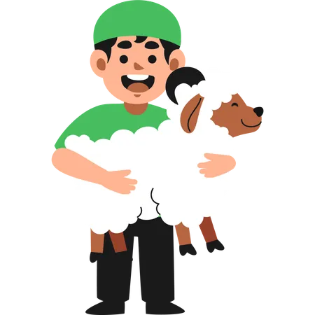 Muslim Boy Carrying Sheep  Illustration