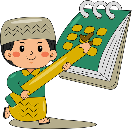 Muslim boy checking ramadan calendar  Illustration