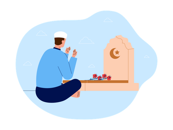 Muslim boy doing prayer at gravestone  Illustration