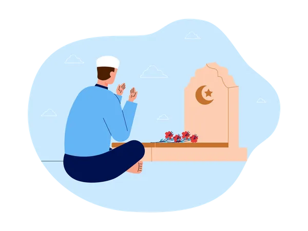 Muslim boy doing prayer at gravestone  Illustration