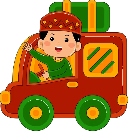 Muslim boy driving with car  Illustration