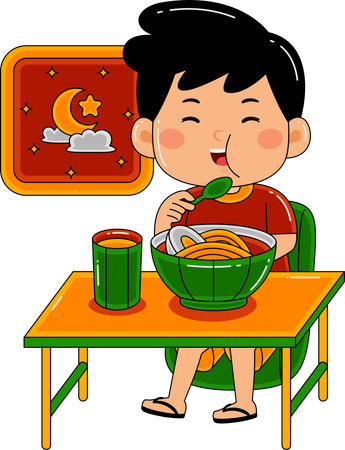 Muslim boy eating at sahur  Illustration