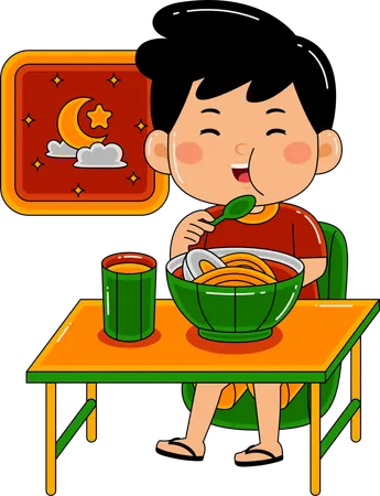 Muslim boy eating at sahur  Illustration