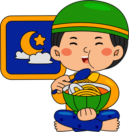 真夜中に食事を食べるイスラム教徒の少年  イラスト