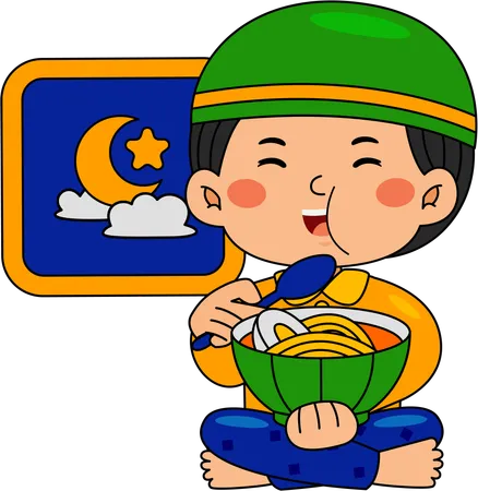 Muslim boy eating meal during midnight  Illustration