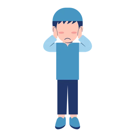 Muslim Boy Feeling Sad and put his hands on ears  Illustration