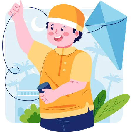 Muslim boy flying kite  Illustration