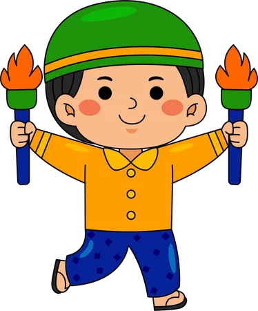 火のついた松明を持つイスラム教徒の少年  イラスト